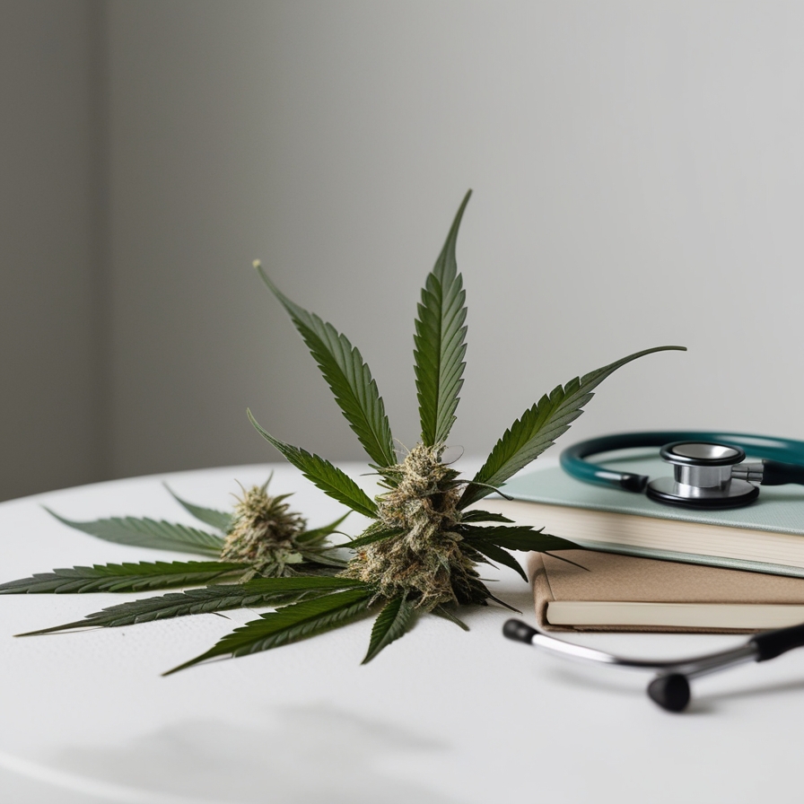 Terra Cannabis a plant with leaves and a stethoscope on a table