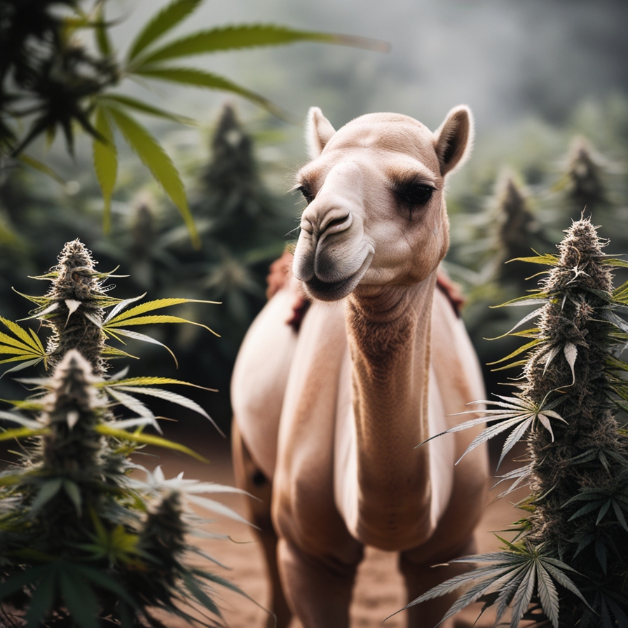 Doob Dasher a camel standing in a field of marijuana
