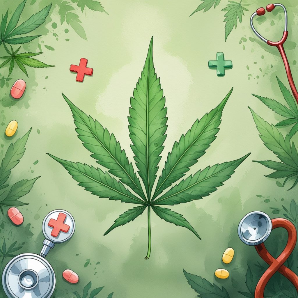 Moon Haus a green leaf with red cross and pills