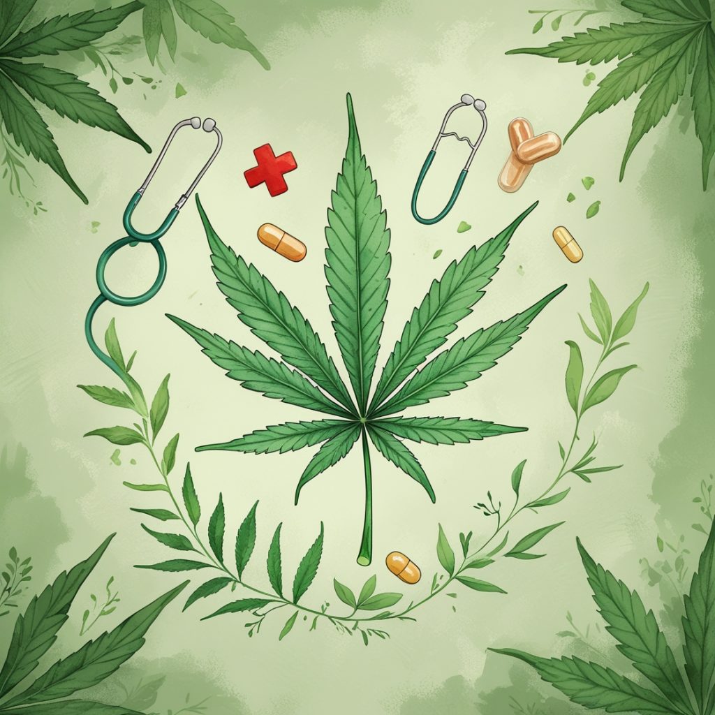 Moon Haus a green leaf with pills and a stethoscope