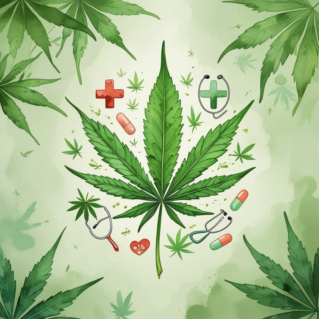 Herb Approach a green leaf with red pills and a stethoscope