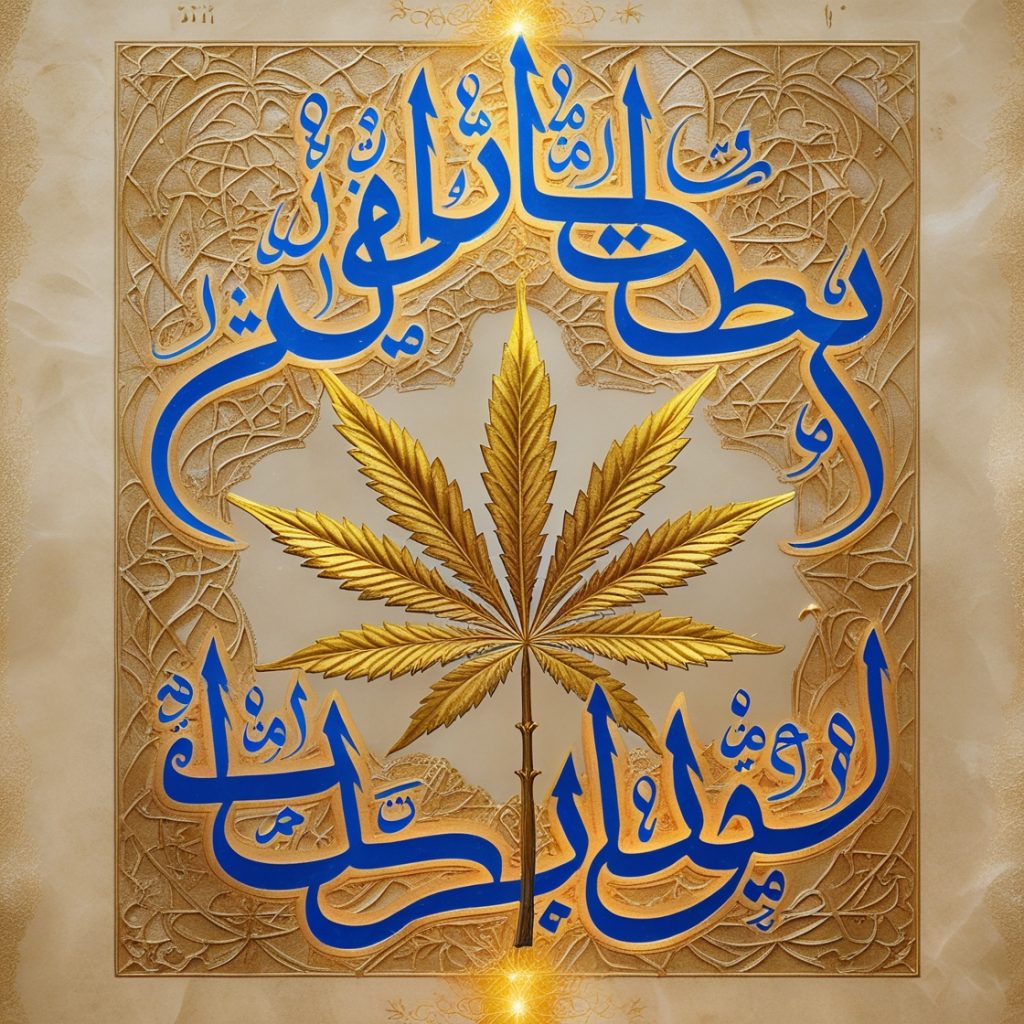 ganja express a gold leaf with blue writing