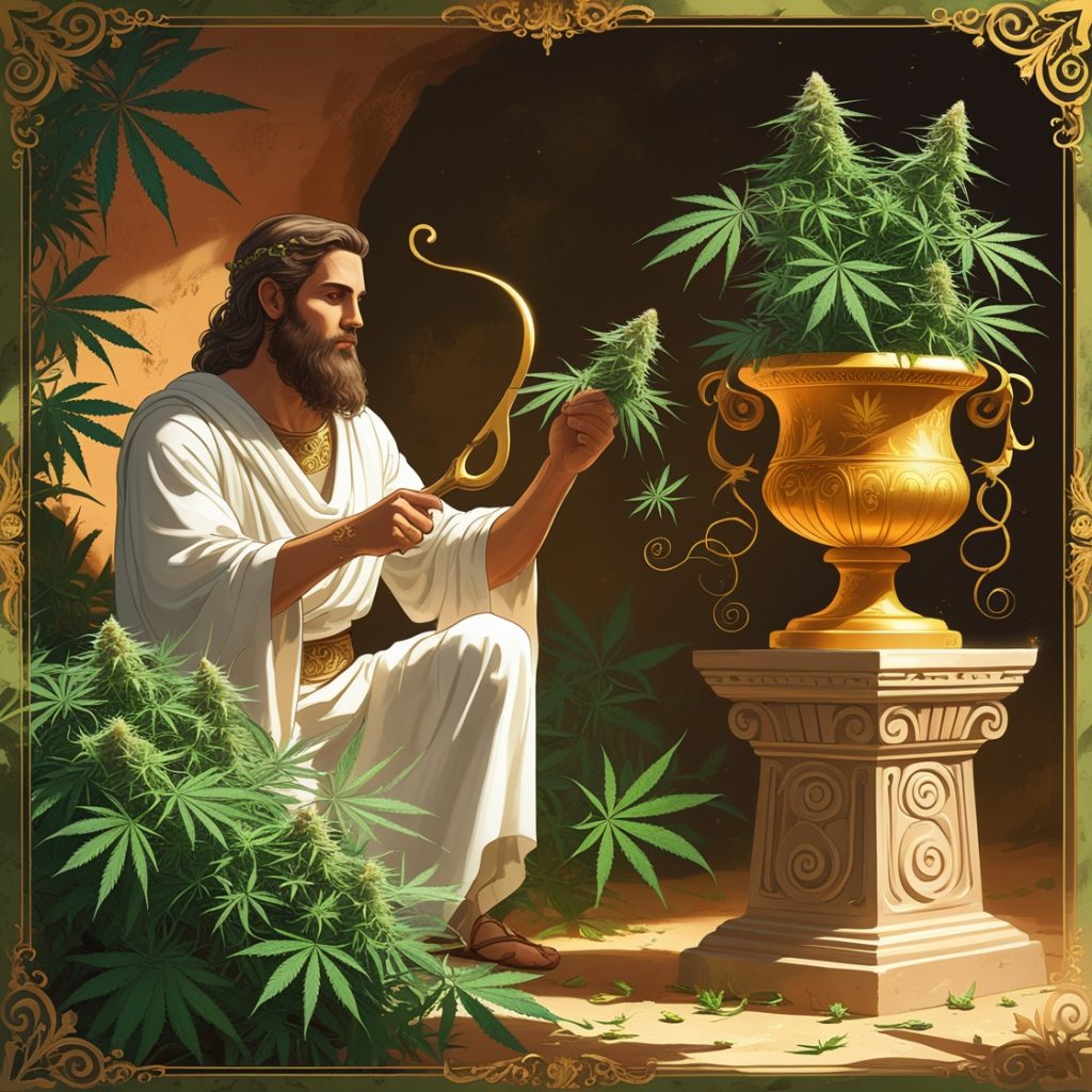 Van city a man in a white robe holding a bow and a gold urn with plants