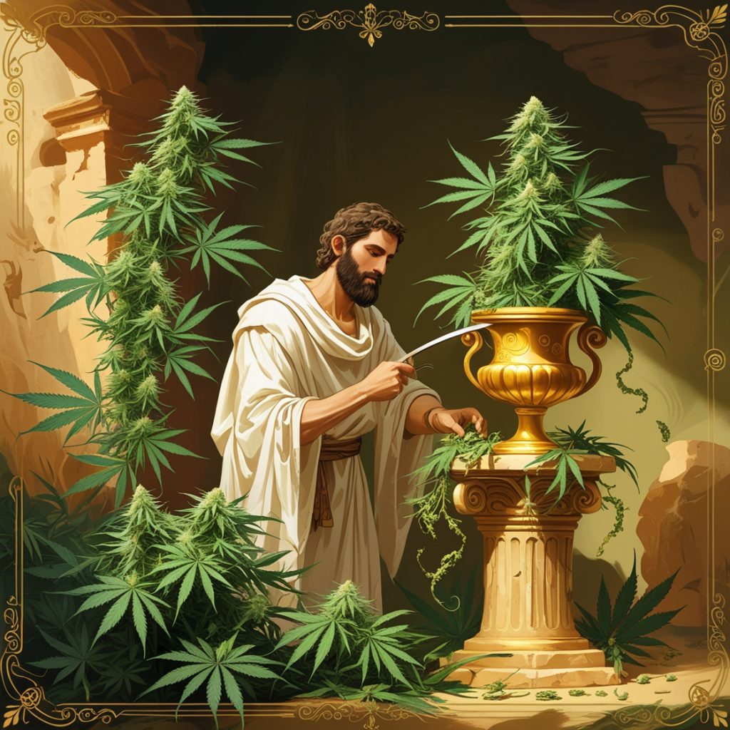 herb approach a man in a robe pouring green leaves from a pot