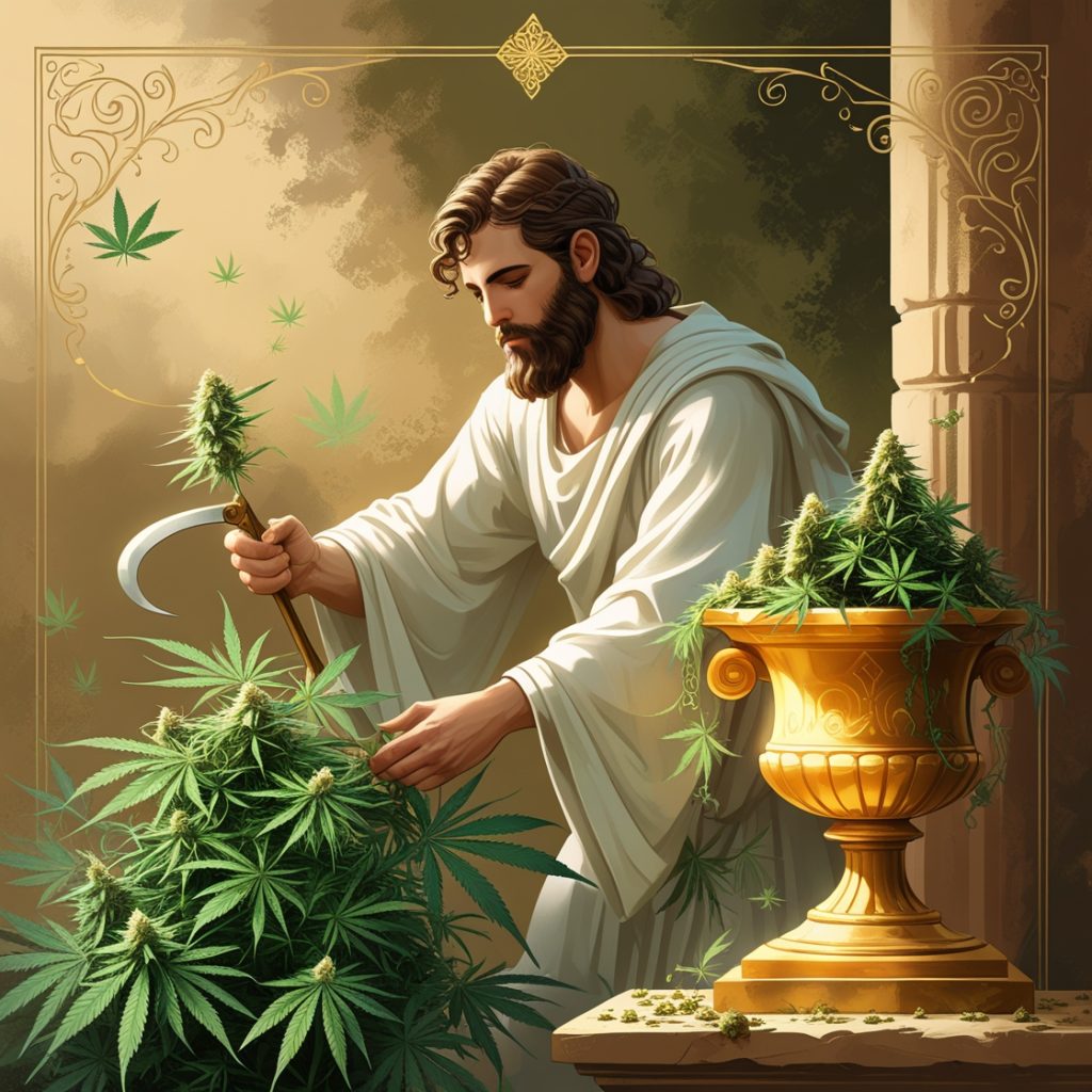 Doob Dasher a man with a beard and long hair holding a sickle and a plant