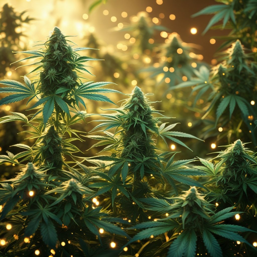 ganja express a group of green plants with yellow lights