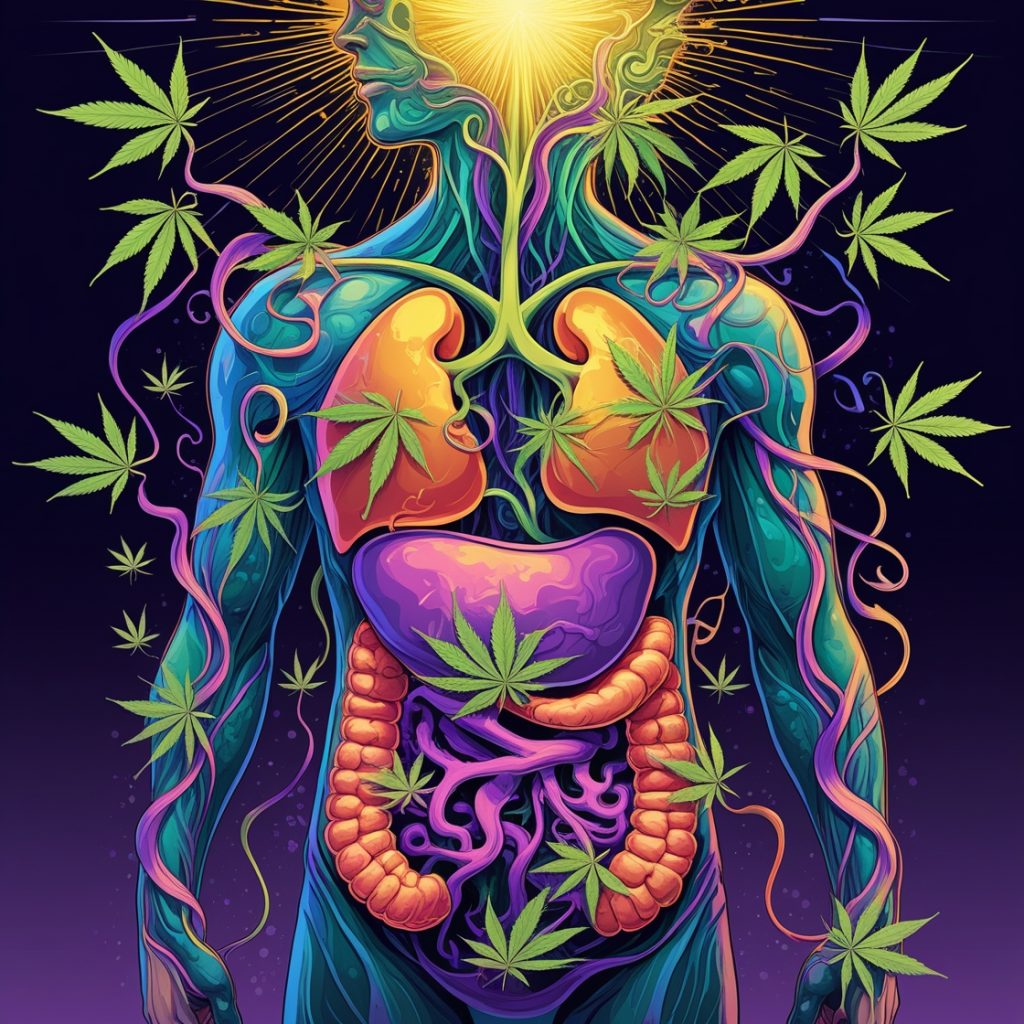 herb approach a colorful human body with leaves and a light shining through it