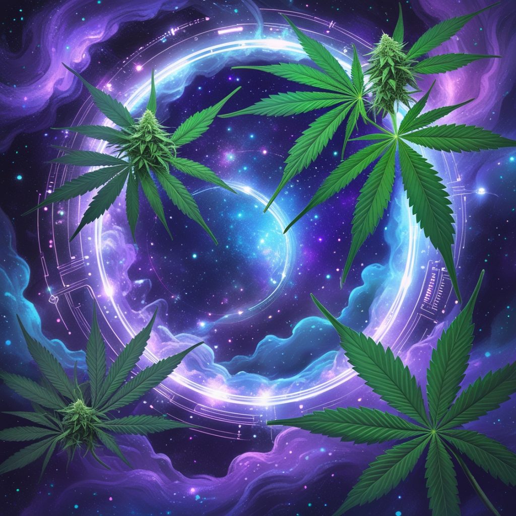ganja express a group of green leaves in a circle of light