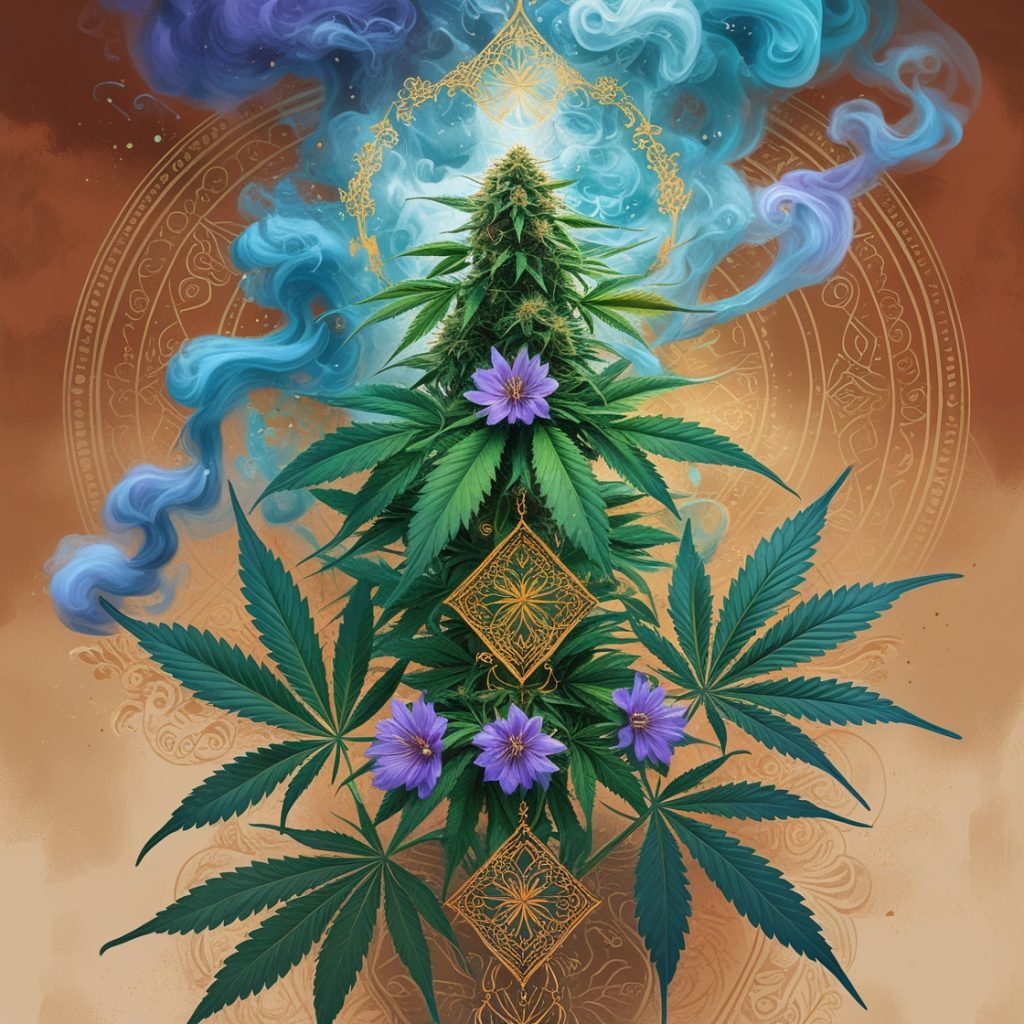 ganja express a marijuana plant with purple flowers and smoke
